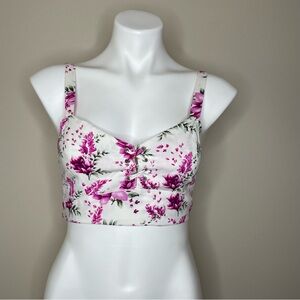 Forever 21 Floral Pink and White Crop Top Lace-up Front Elasticized Back